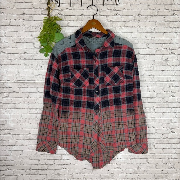 Miss Me Distressed Crochet Lace Button Down Flannel - Picture 1 of 4